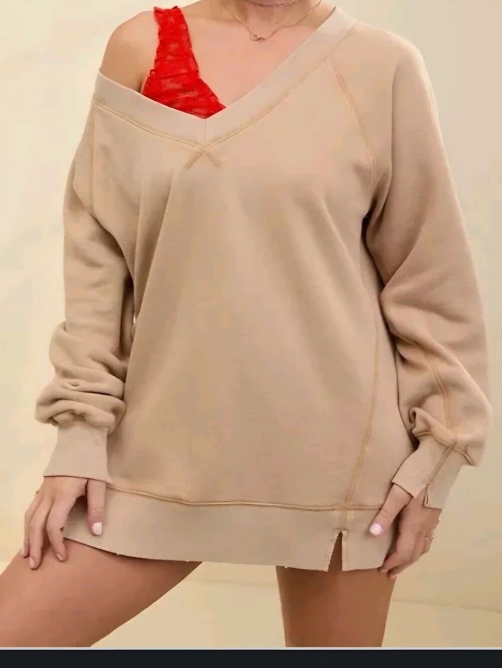 AERIE Downtime Tan Mineral Wash Oversized Textured Loungewear Sweatshirt SZ XS